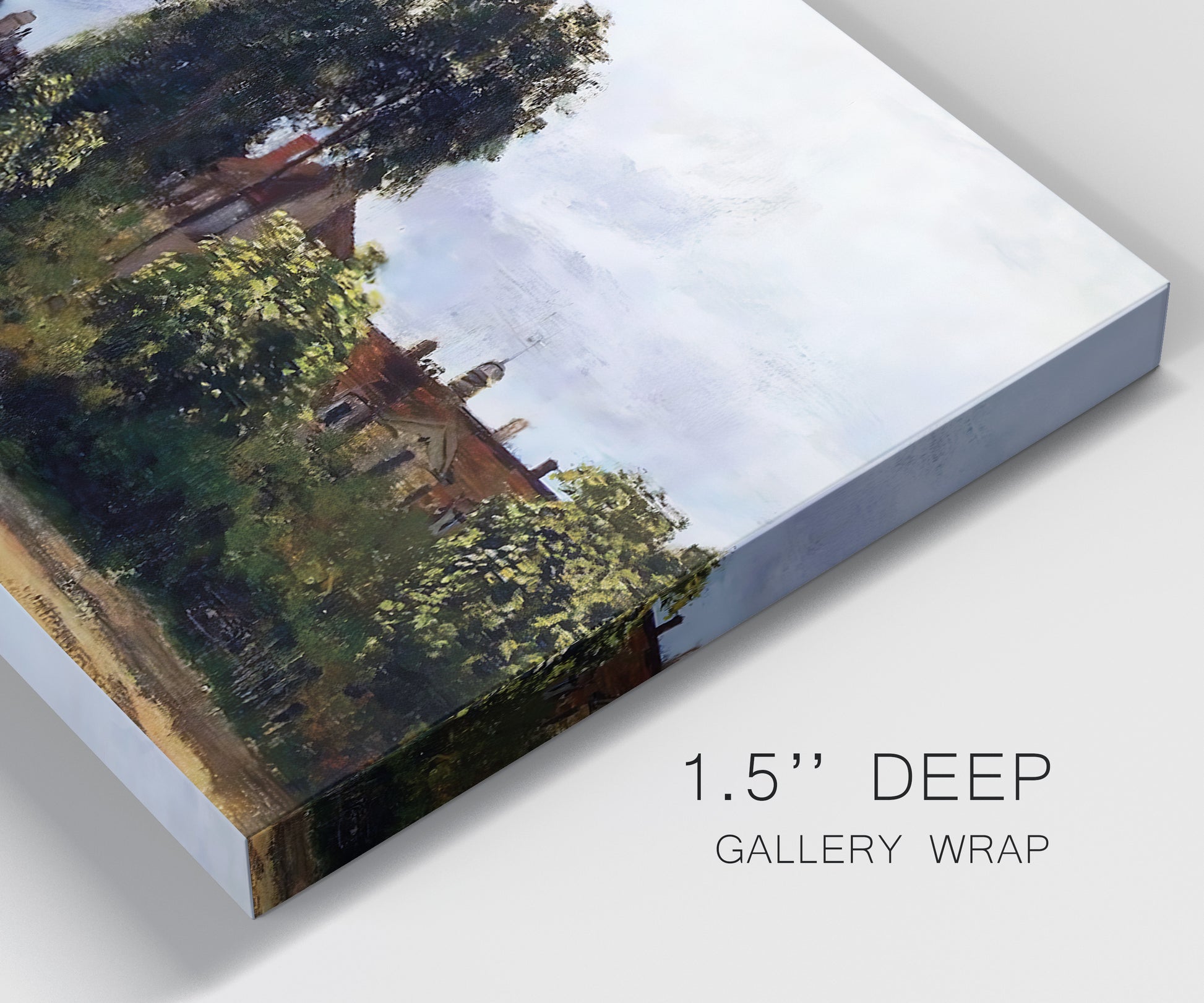 Close-up view of wrapped canvas corner featuring garden corner with flowering trees.