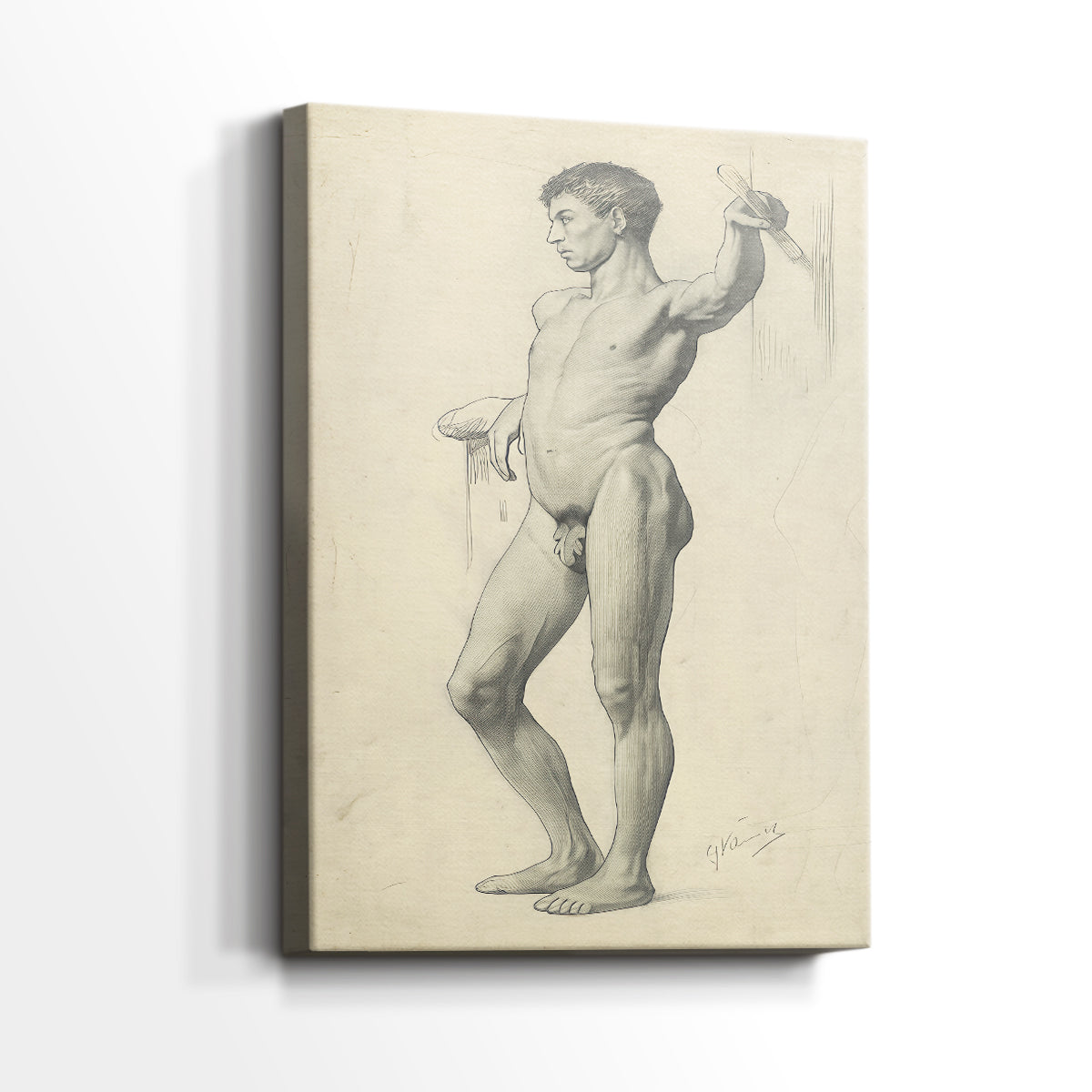 Side view of a canvas art print of a soft drawing capturing posture and proportion, showing gallery-wrapped depth.