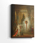 Side view of a canvas art print of a dramatic image with a central figure and radiant form, showing gallery-wrapped depth.