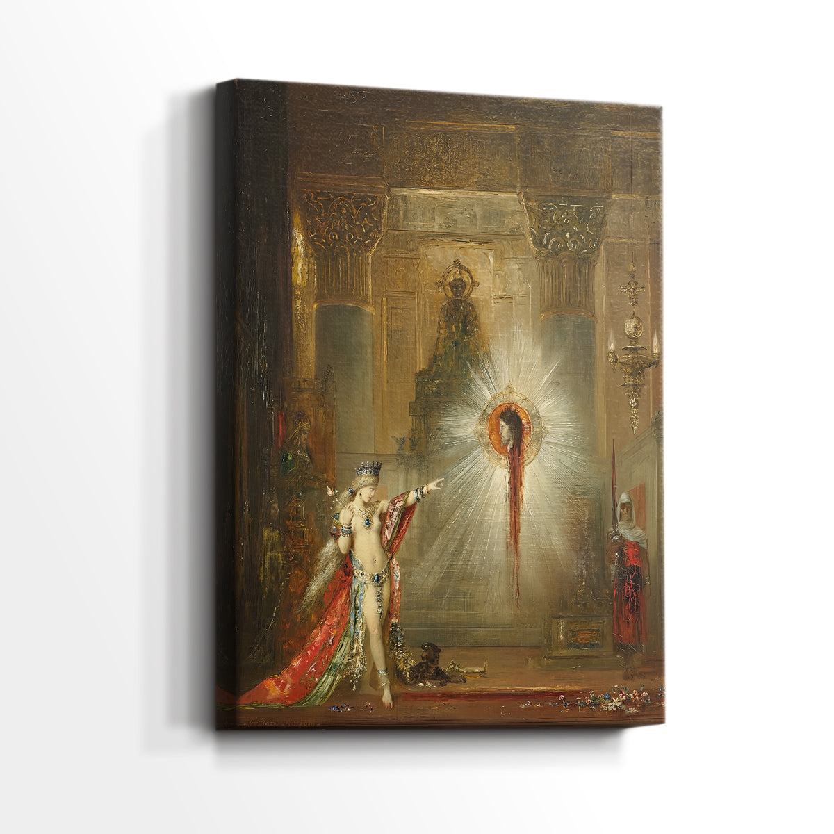 Side view of a canvas art print of a dramatic image with a central figure and radiant form, showing gallery-wrapped depth.