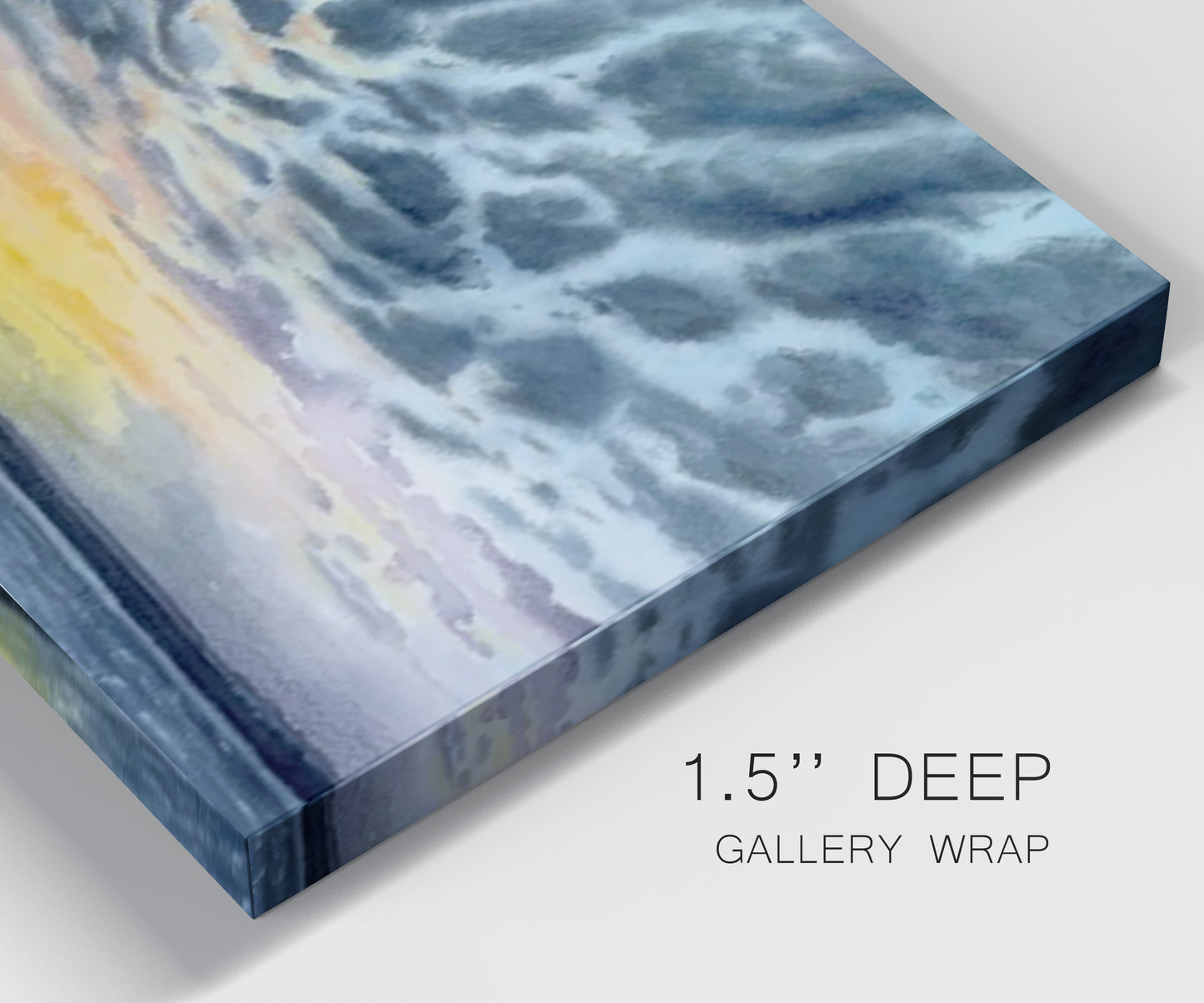 Close-up view of wrapped canvas corner featuring tropical coastal sunset over water.