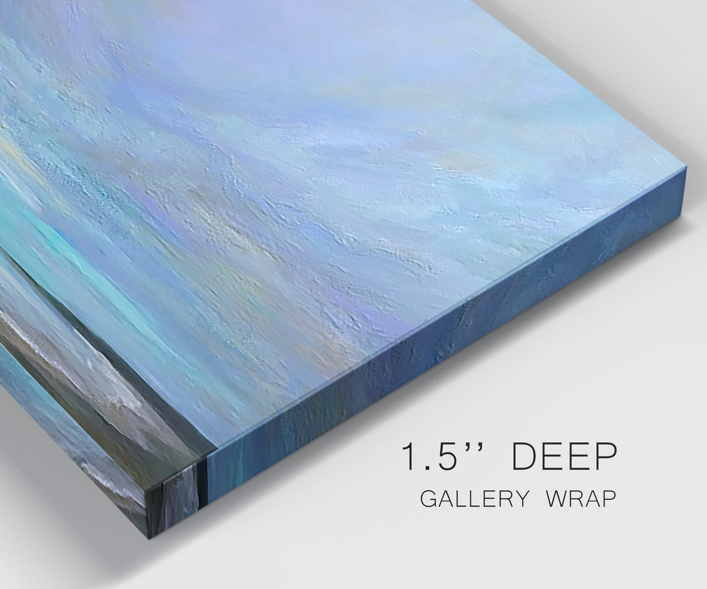 Close-up view of wrapped canvas corner featuring coastal shoreline with gentle surf.