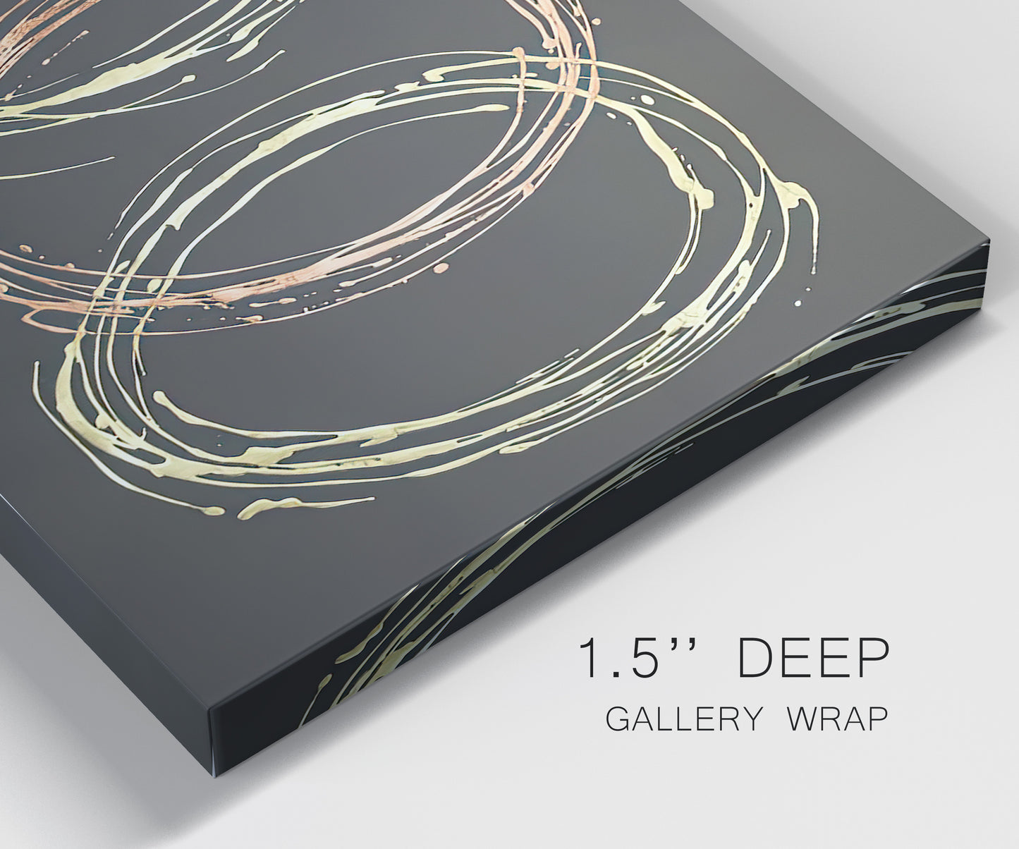 Close-up view of wrapped canvas corner featuring geometric abstract wave tangents.