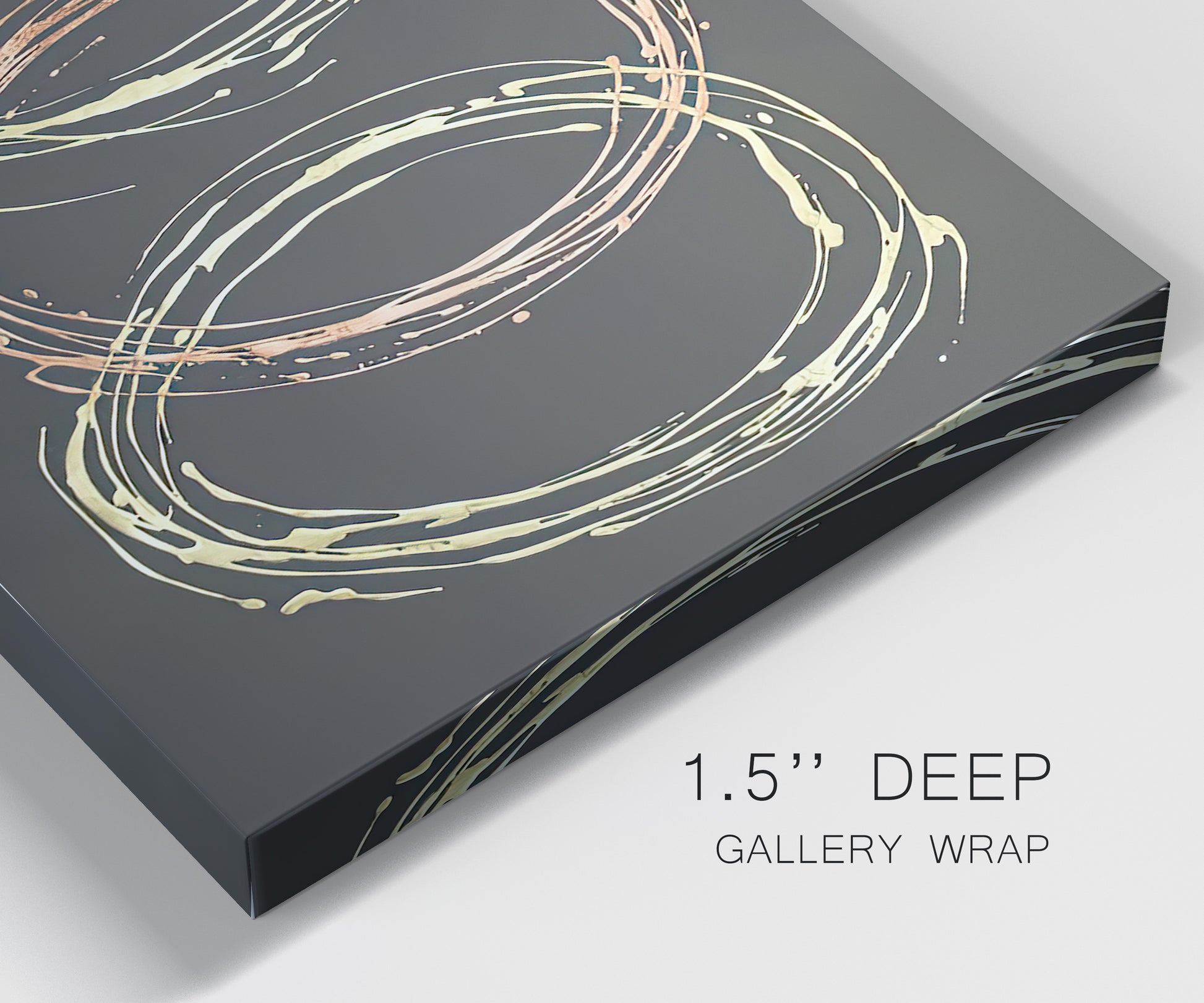 Close-up view of wrapped canvas corner featuring geometric abstract wave tangents.