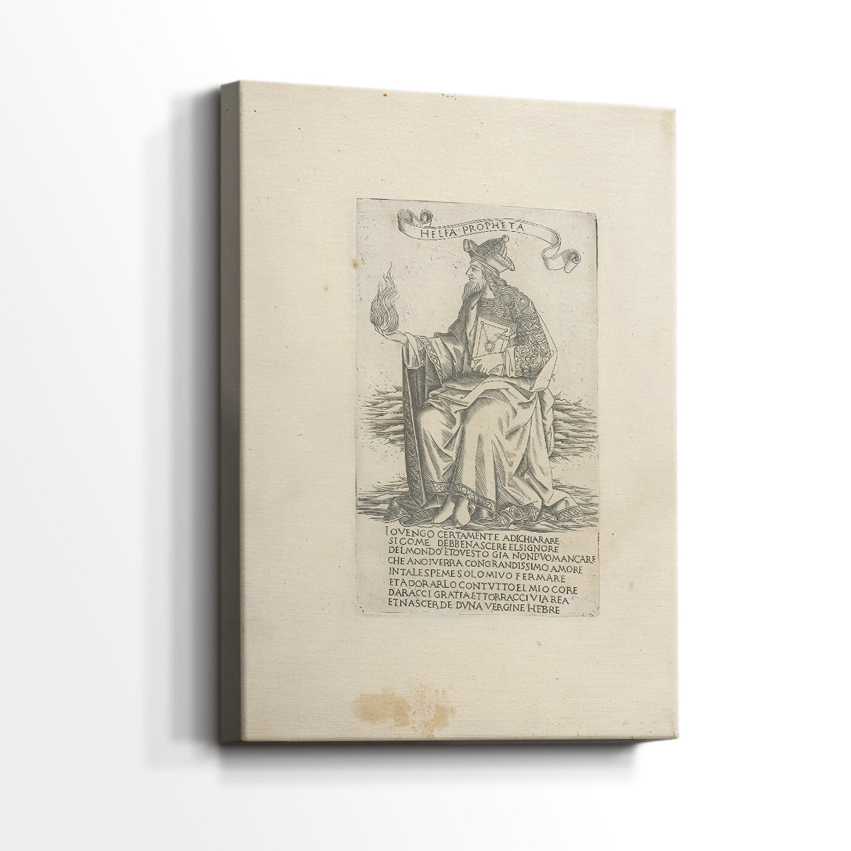 Side view of a canvas art print of a stylized figure with minimal shading and strong outline, showing gallery-wrapped depth.