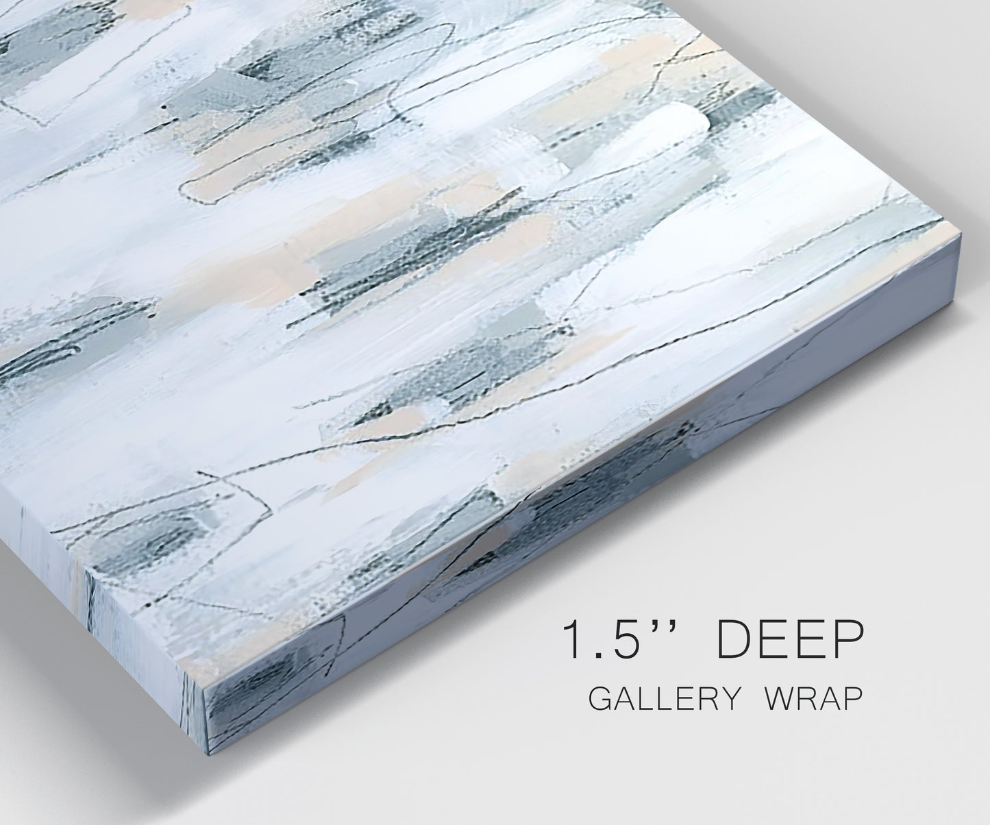 Close-up view of wrapped canvas corner featuring industrial textured abstract hatch patterns.