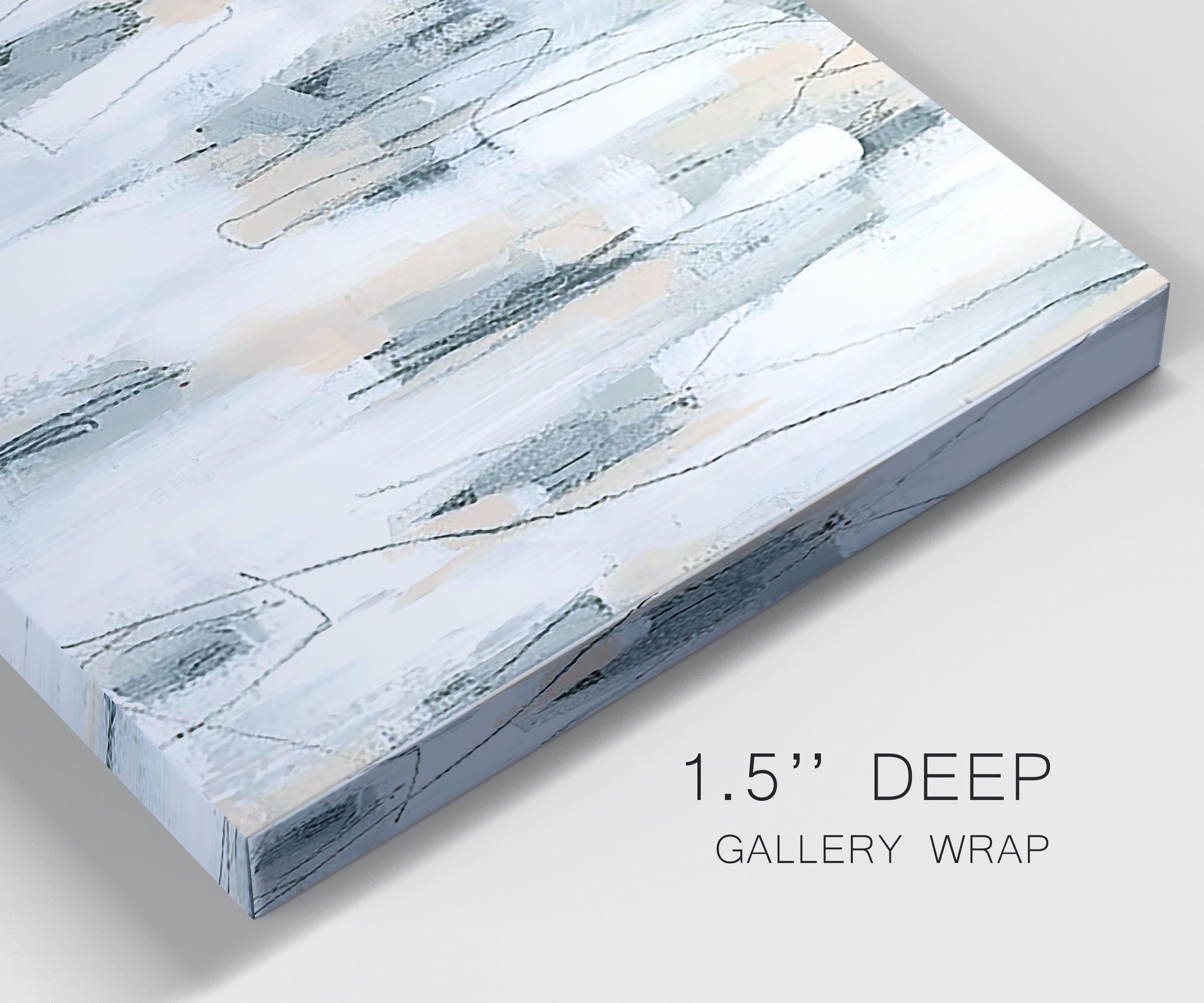 Close-up view of wrapped canvas corner featuring industrial textured abstract hatch patterns.