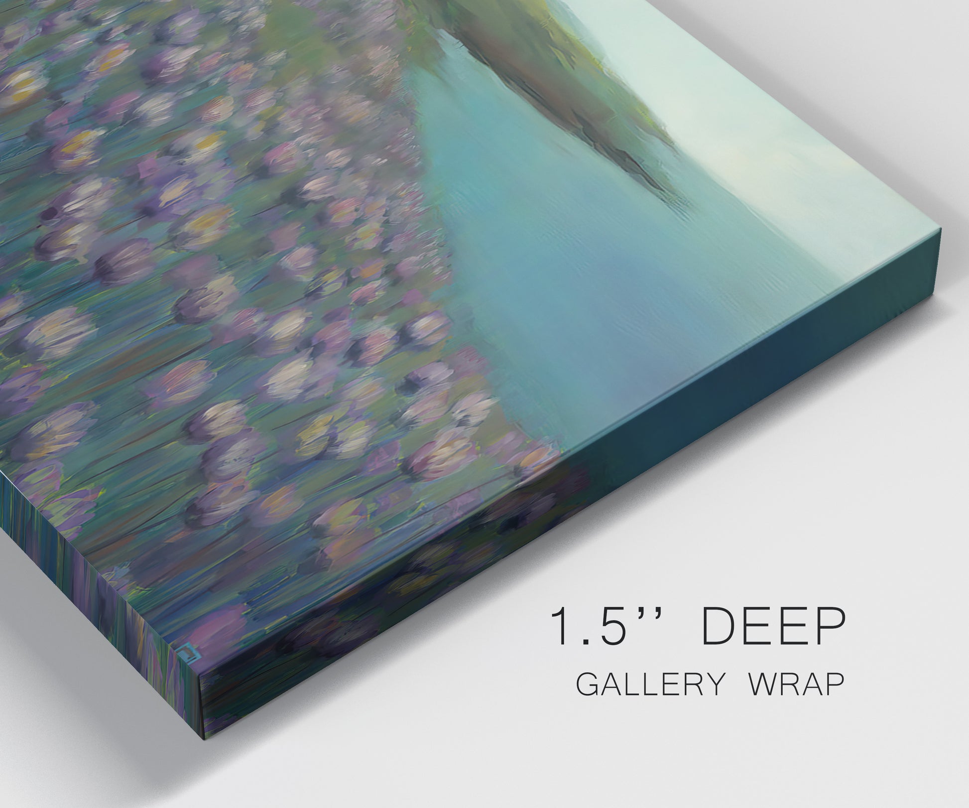 Close-up view of wrapped canvas corner featuring calm coastal landscape sanctuary.