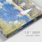 Close-up view of wrapped canvas corner featuring river scene with reflections.