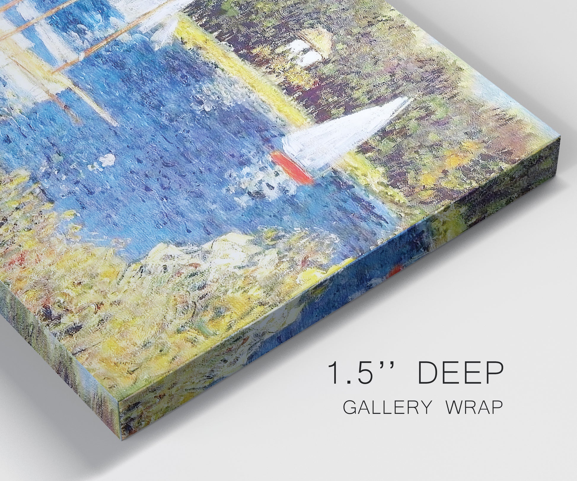 Close-up view of wrapped canvas corner featuring river scene with reflections.