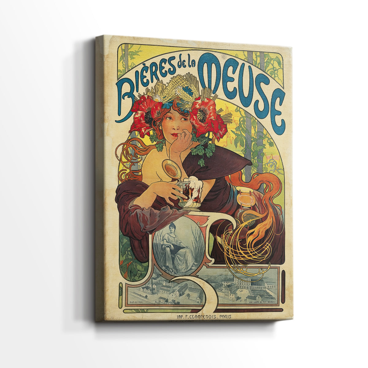 Side view of a canvas art print of a decorative poster with flowing lines and soft tones, showing gallery-wrapped depth.