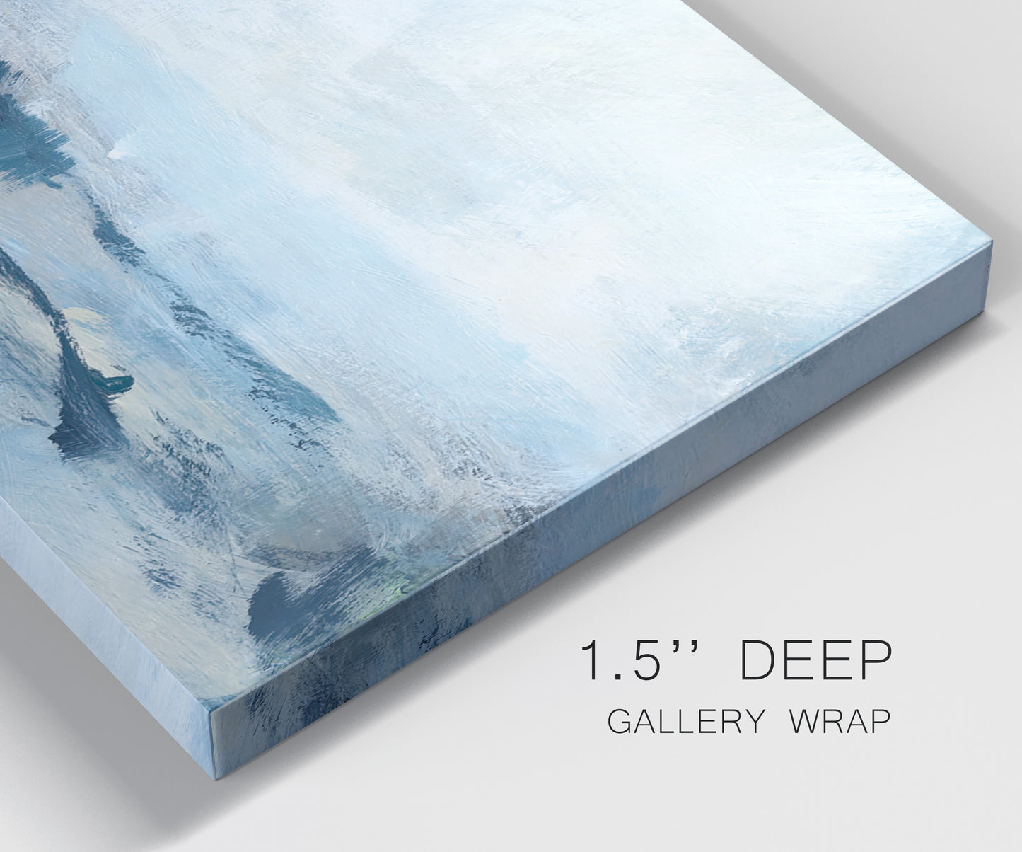 Close-up view of wrapped canvas corner featuring abstract sailboats on water.