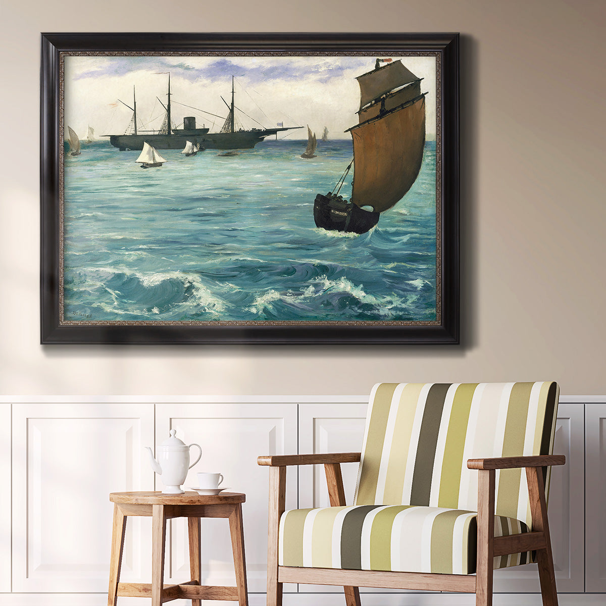 Impressionist naval seascape with the Kearsarge by Édouard Manet in an ornate black frame with gilded inner detail displayed in a light-toned interior setting.