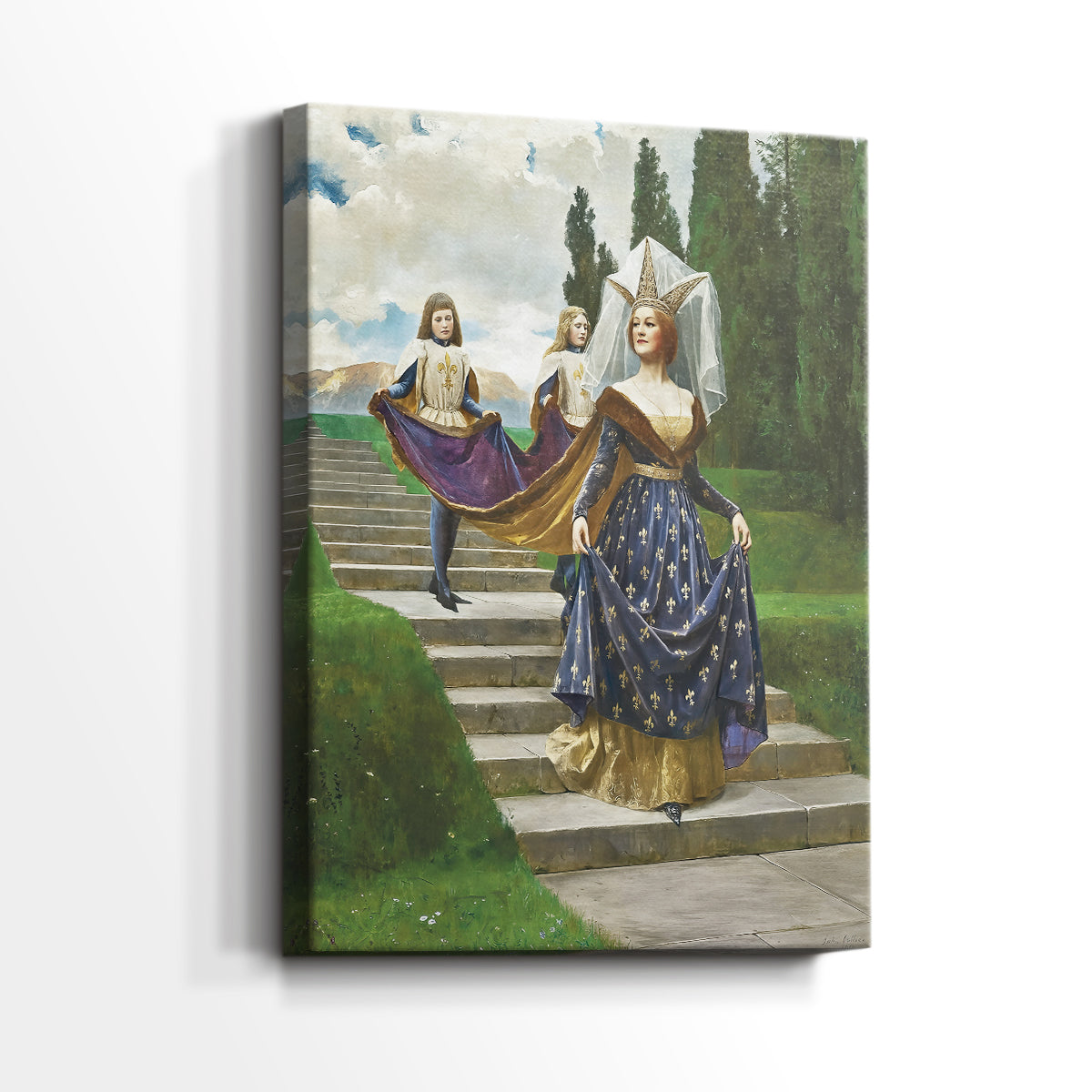 Side view of a canvas art print of a dignified portrait with smooth tones and calm presence, showing gallery-wrapped depth.