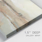 Close-up view of wrapped canvas corner featuring earth toned abstract landscape.