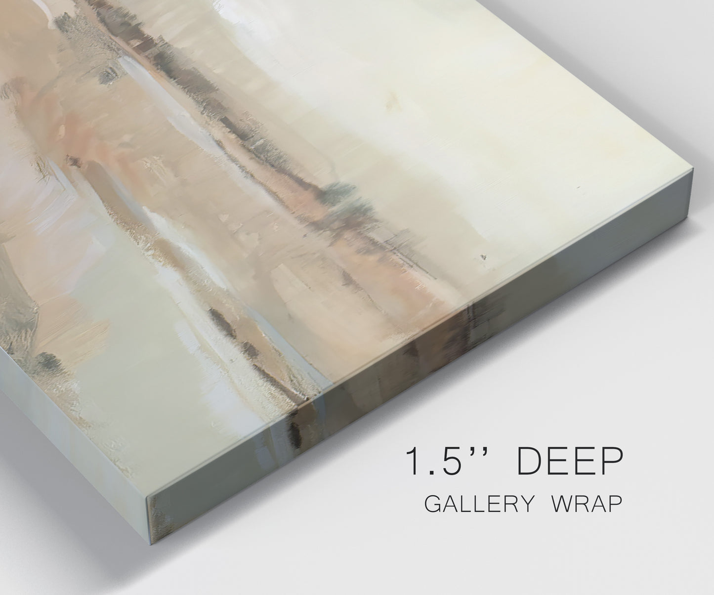 Close-up view of wrapped canvas corner featuring earth toned abstract landscape.