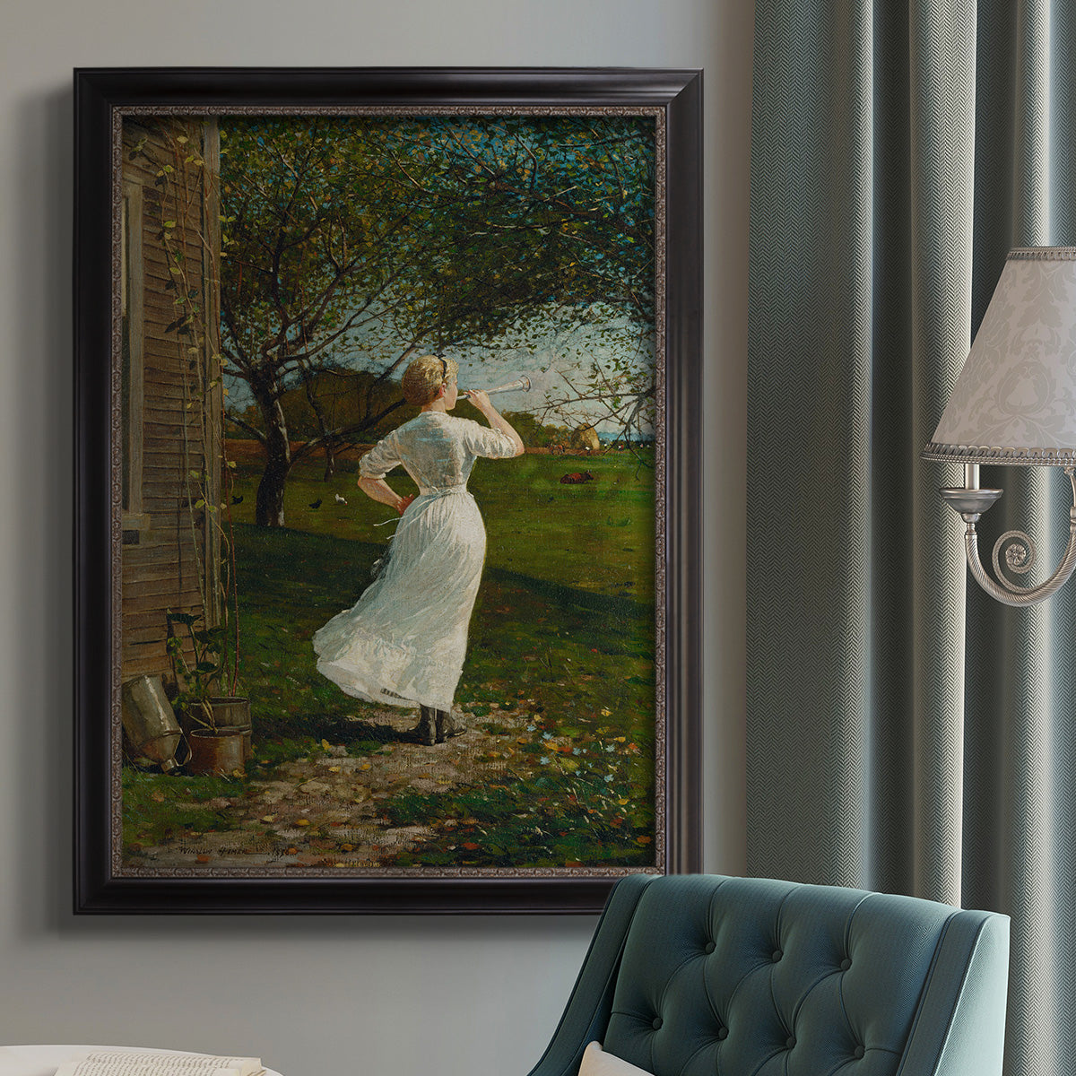 Narrative religious genre scene by Winslow Homer in an {frame_style_descriptor} displayed in a neutral interior setting.