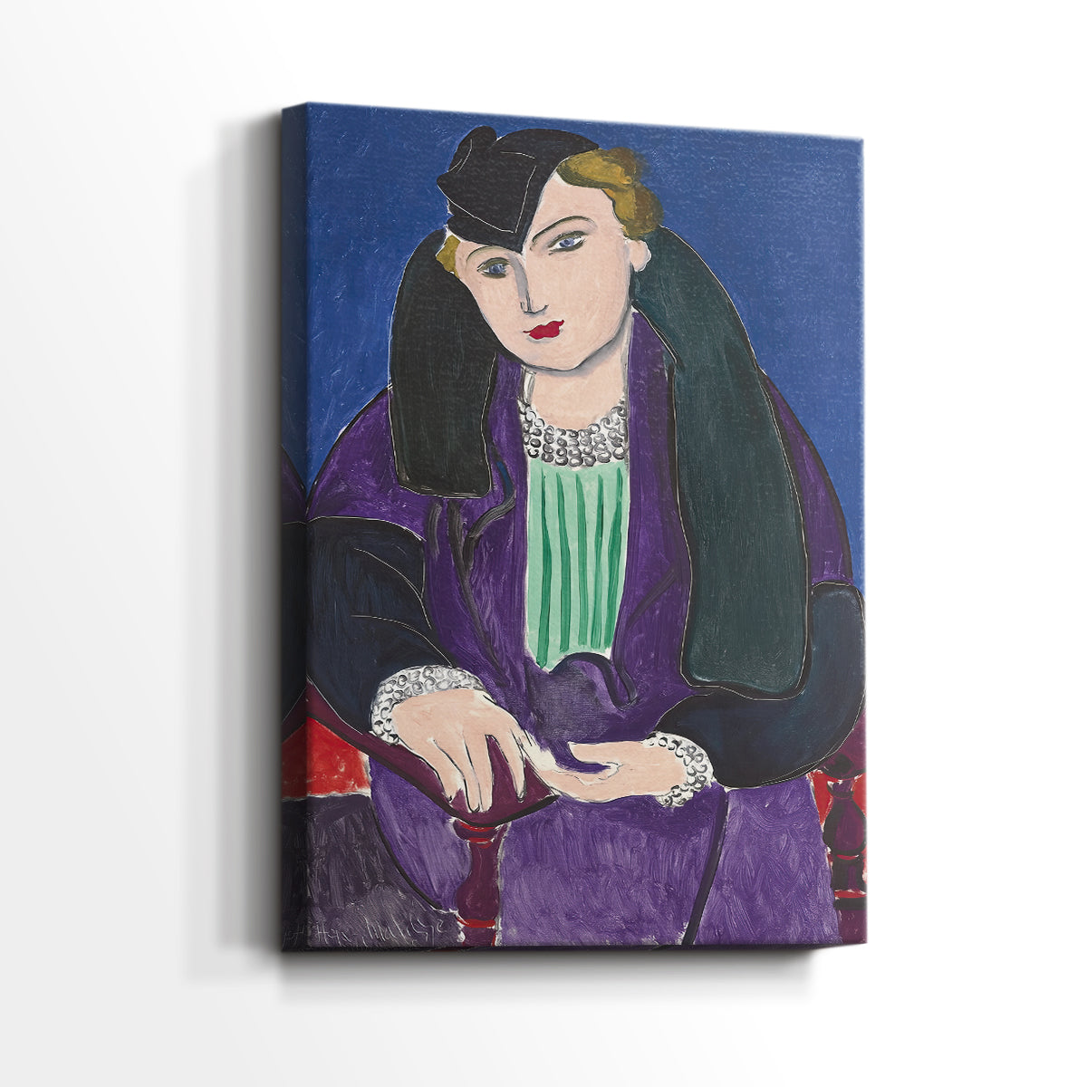 Side view of a canvas art print of a modern portrait with flat color and clean outlines, showing gallery-wrapped depth.