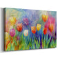 Colorful tulips blooming in a vibrant garden during spring with a dreamy, abstract background