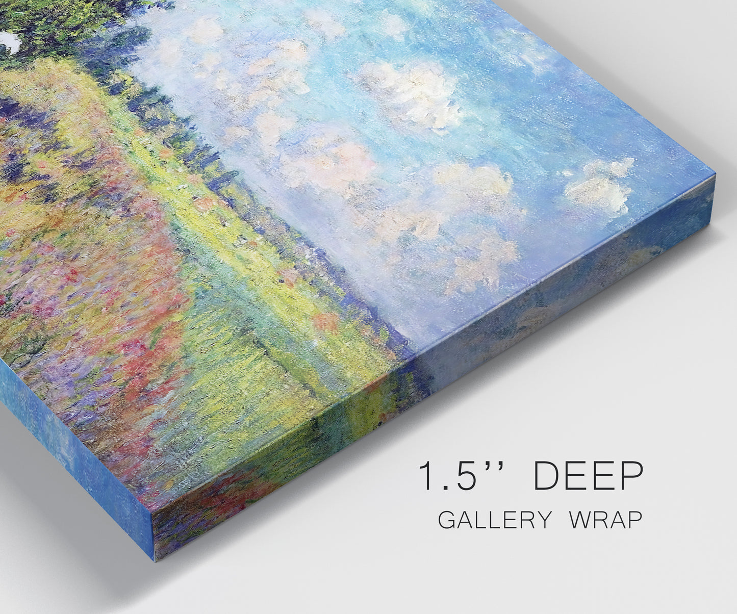 Close-up view of wrapped canvas corner featuring sunlit meadow landscape.