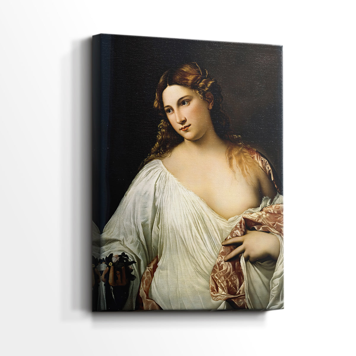 Side view of a canvas art print of a refined portrait with floral element and smooth shading, showing gallery-wrapped depth.