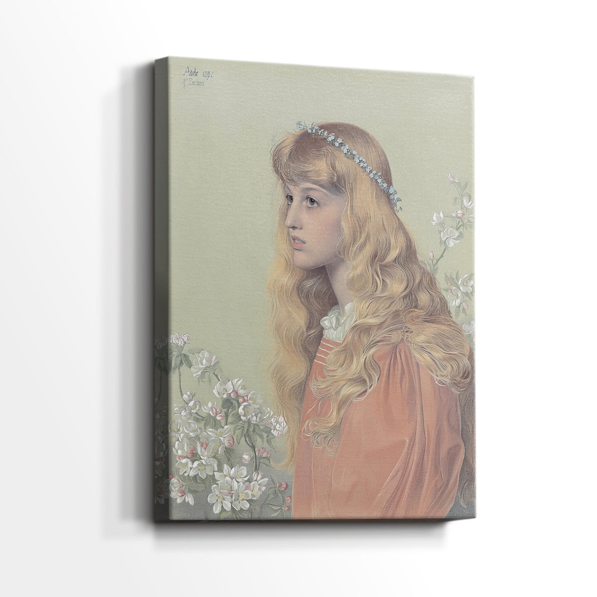 Side view of a canvas art print of a subtle portrait with minimal background and calm mood, showing gallery-wrapped depth.