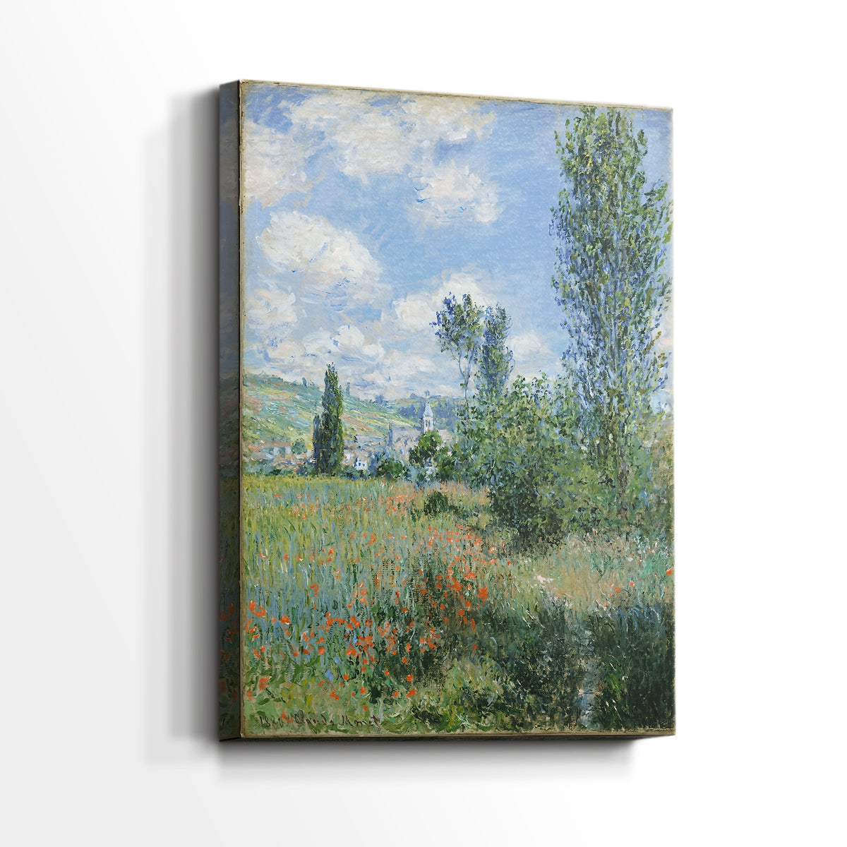 Side view of a canvas art print of a peaceful landscape with distant buildings and open sky, showing gallery-wrapped depth.