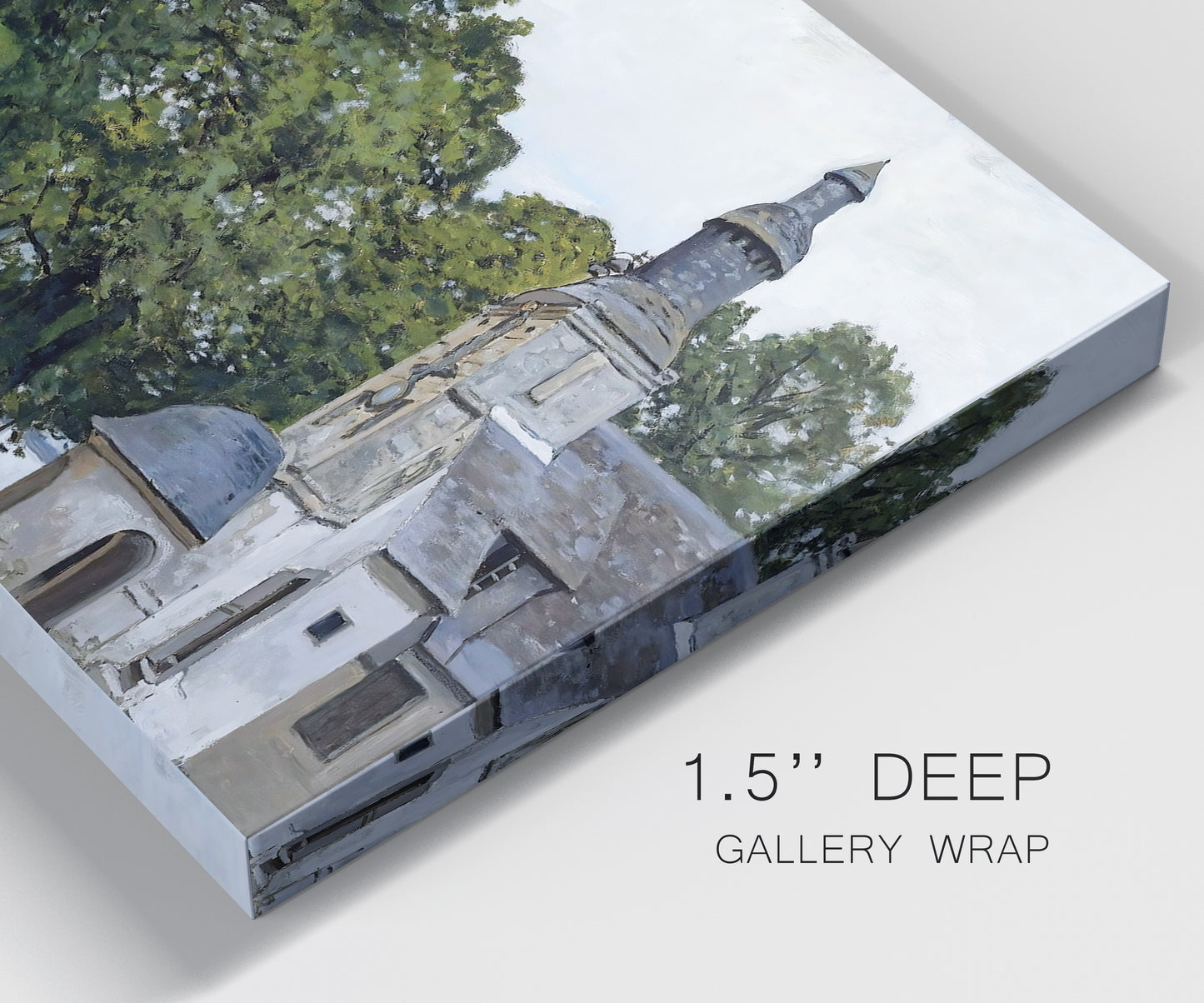 Close-up view of wrapped canvas corner featuring chapel building in rural setting.