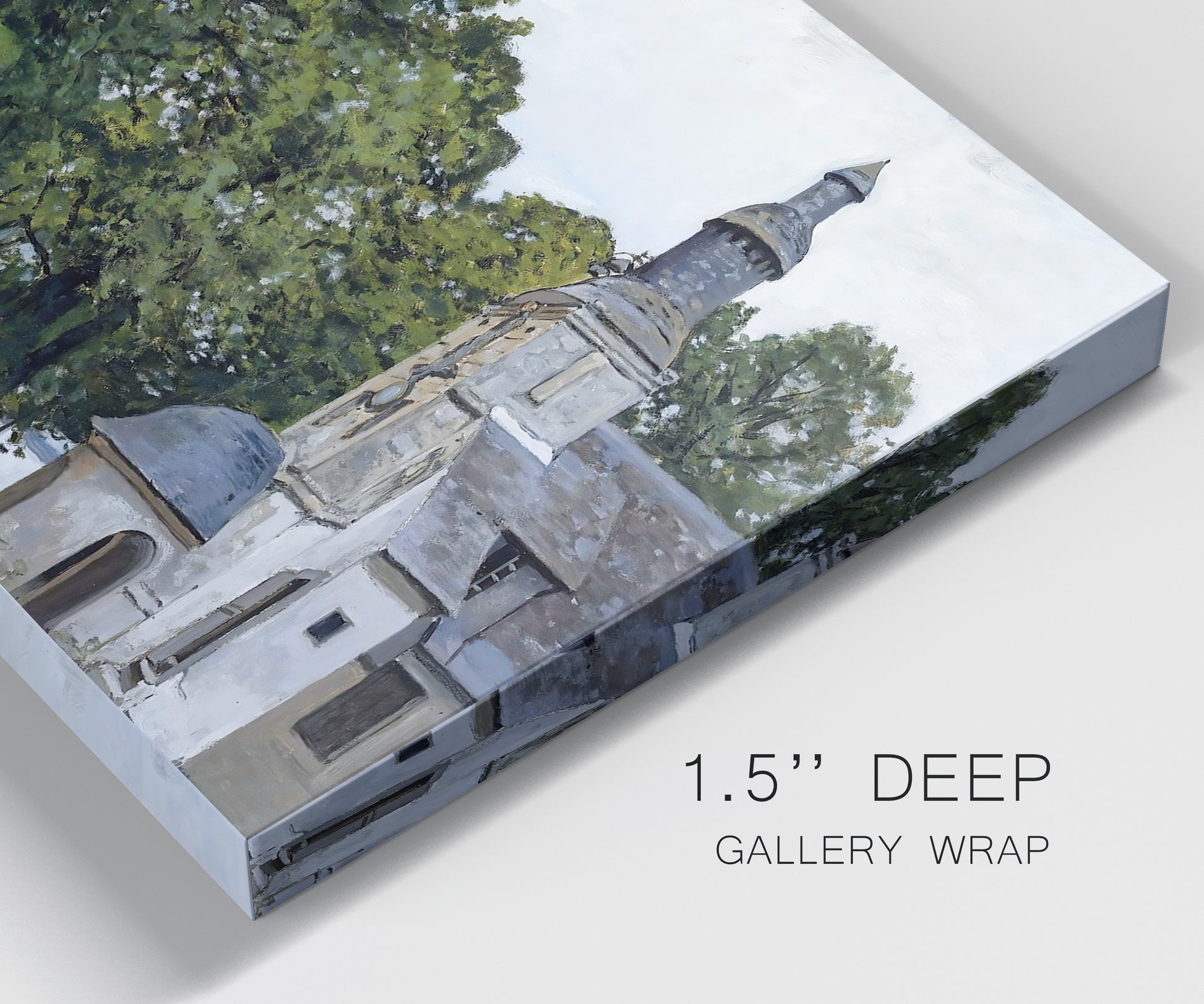 Close-up view of wrapped canvas corner featuring chapel building in rural setting.