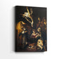 Side view of a canvas art print of a devotional scene with earthy tones and subtle detail, showing gallery-wrapped depth.