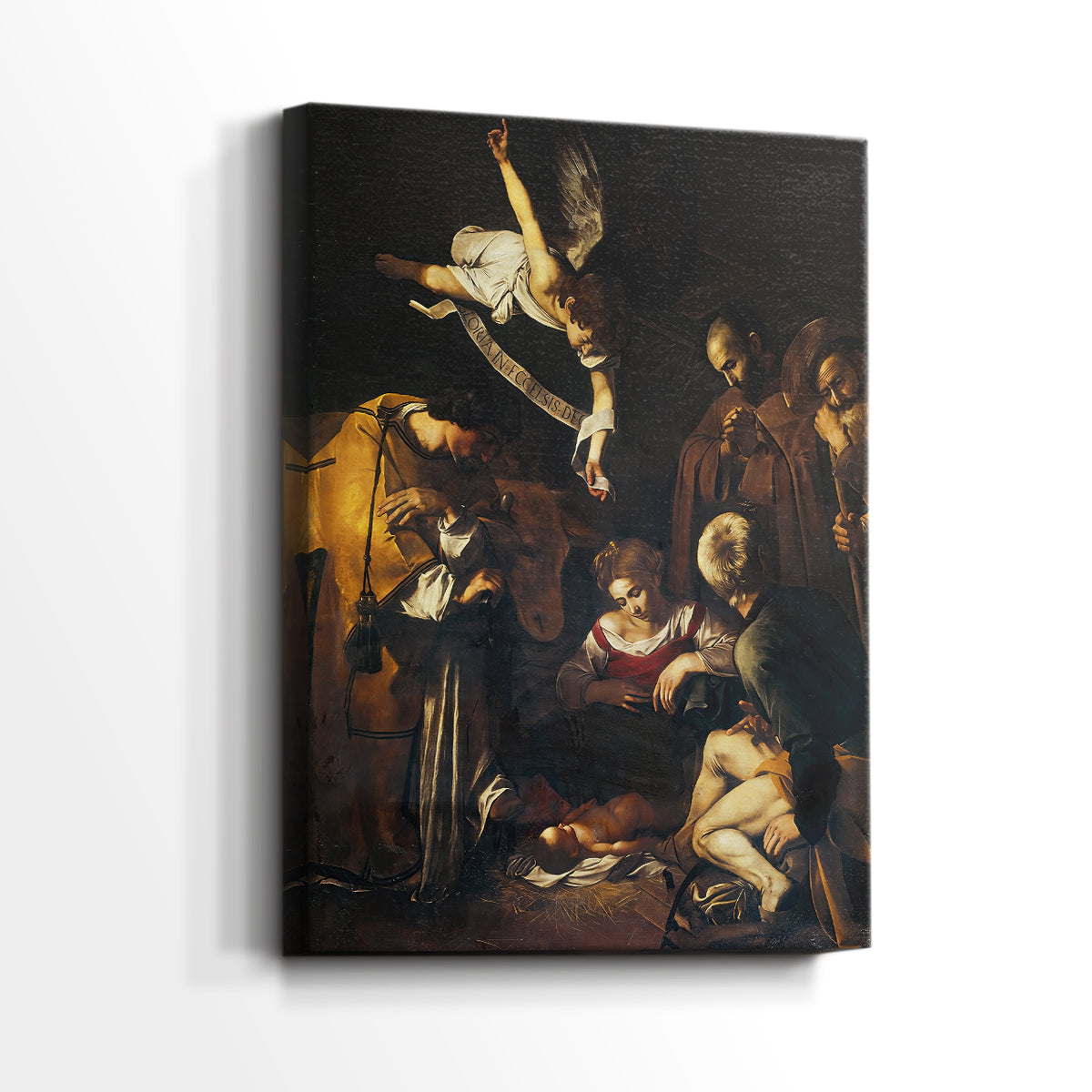 Side view of a canvas art print of a devotional scene with earthy tones and subtle detail, showing gallery-wrapped depth.