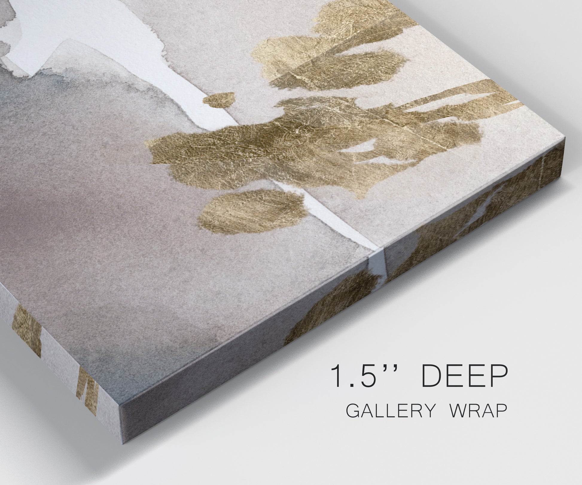 Close-up view of wrapped canvas corner featuring abstract watercolor with gold accents.
