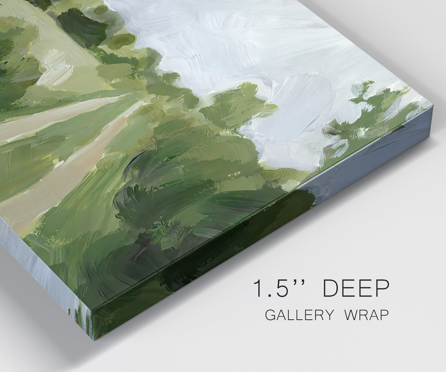 Close-up view of wrapped canvas corner featuring meadow trail through open grassland.
