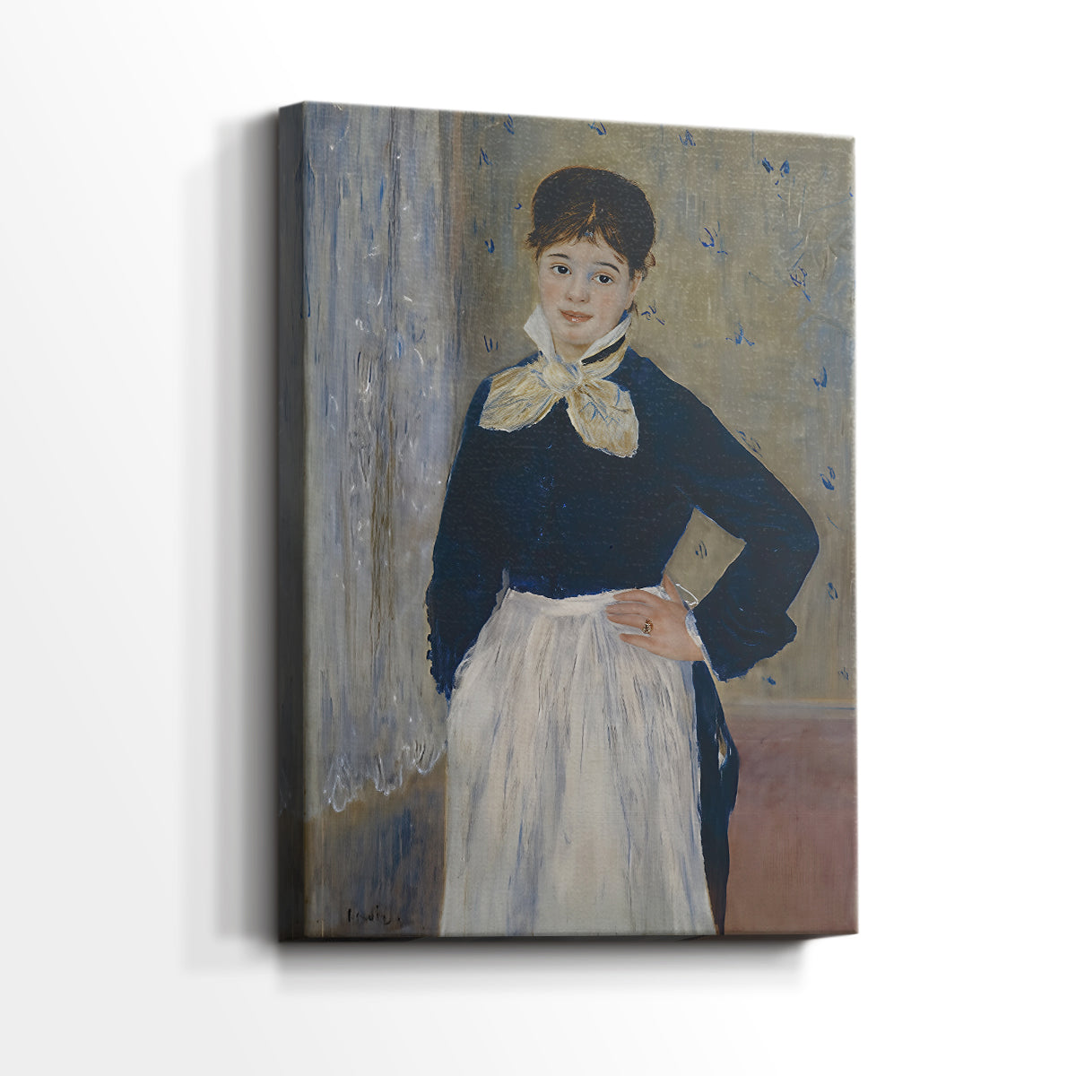 Side view of a canvas art print of a casual portrait of a working woman with subtle detail, showing gallery-wrapped depth.