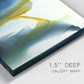 Close-up view of wrapped canvas corner featuring soft abstract mask like forms.