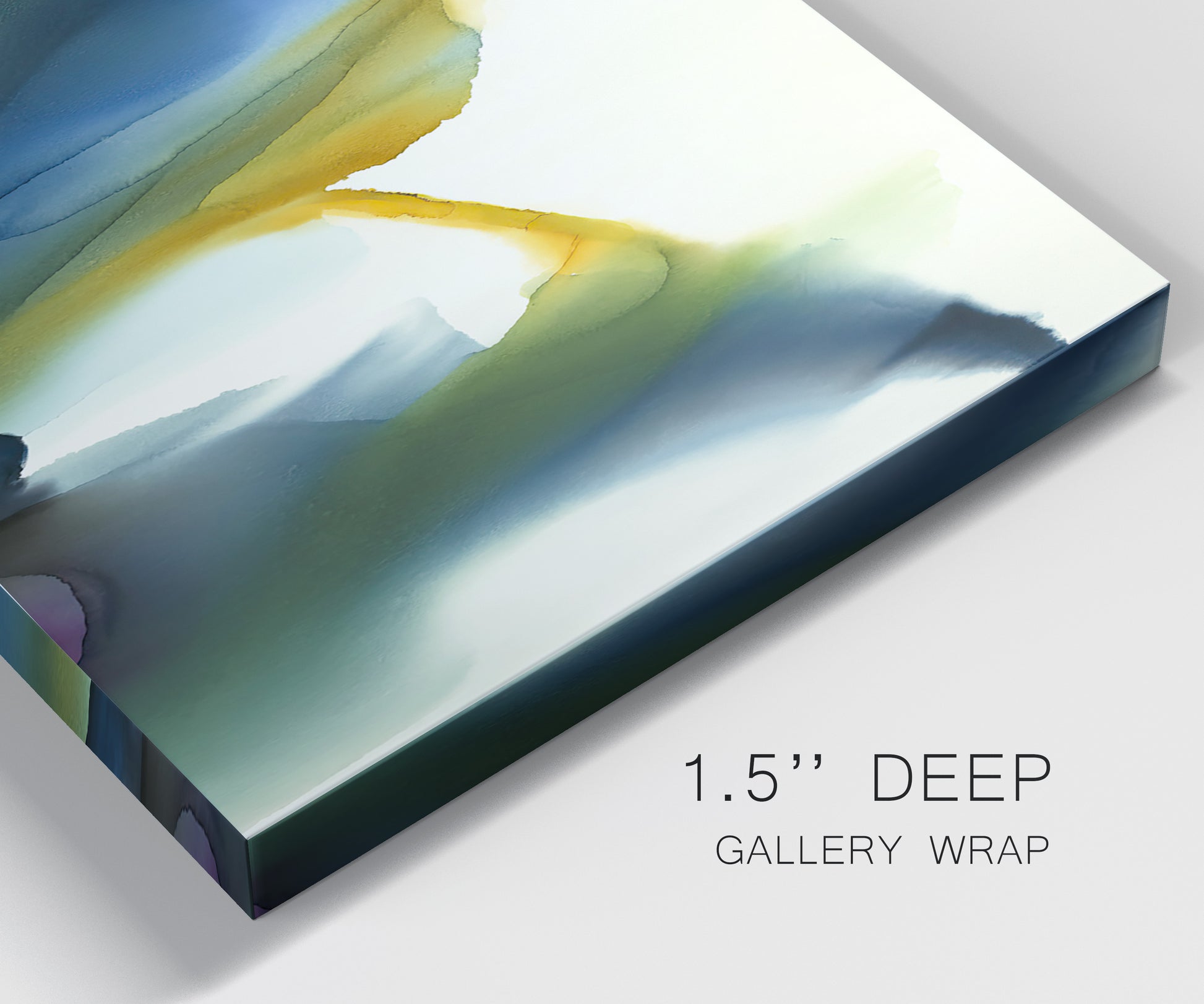 Close-up view of wrapped canvas corner featuring soft abstract mask like forms.