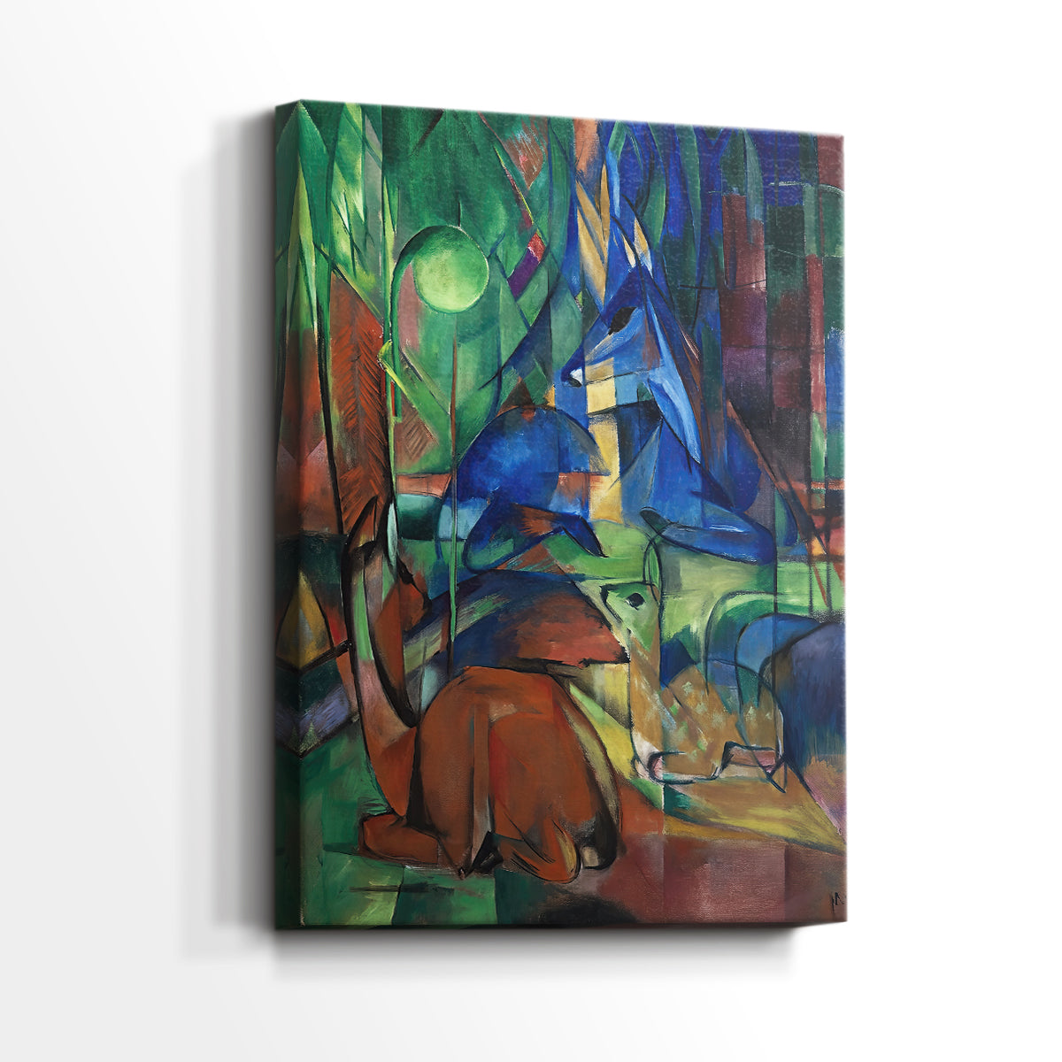 Side view of a canvas art print of a layered scene with abstracted deer and angular forms, showing gallery-wrapped depth.