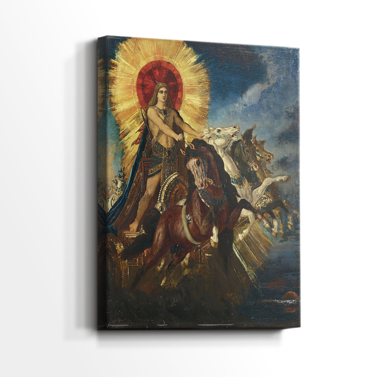 Side view of a canvas art print of a celestial scene with figures and flowing forms, showing gallery-wrapped depth.