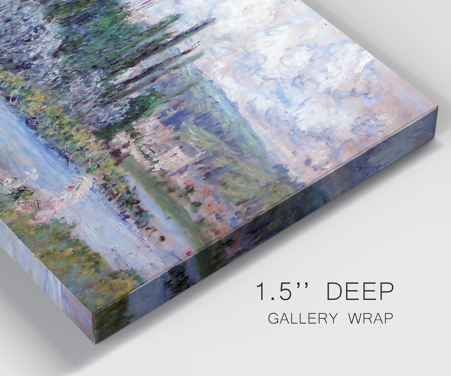 Close-up view of wrapped canvas corner featuring summer village view along river.