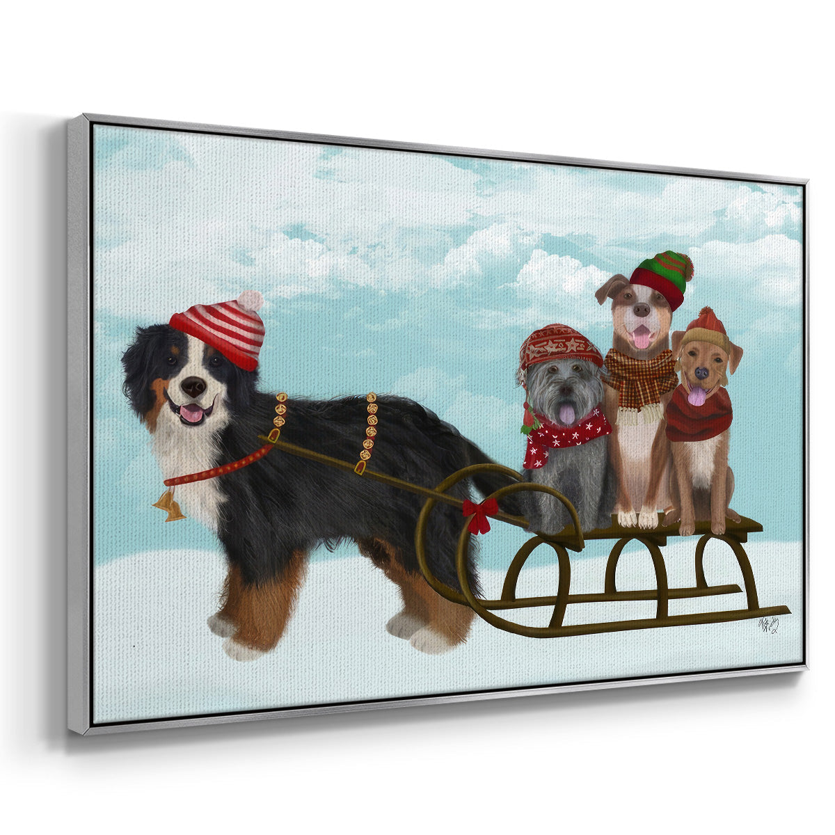 Christmas Mutt Sled - Floater Framed Canvas Print