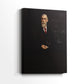 Side view of a canvas art print of a refined portrait with subtle detail and calm expression, showing gallery-wrapped depth.