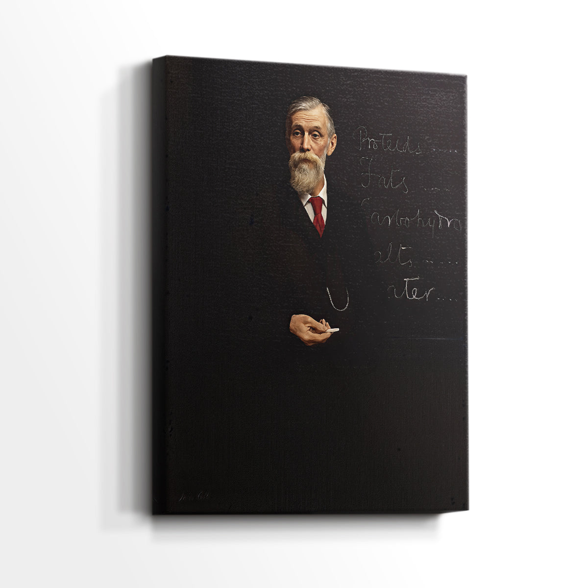 Side view of a canvas art print of a refined portrait with subtle detail and calm expression, showing gallery-wrapped depth.