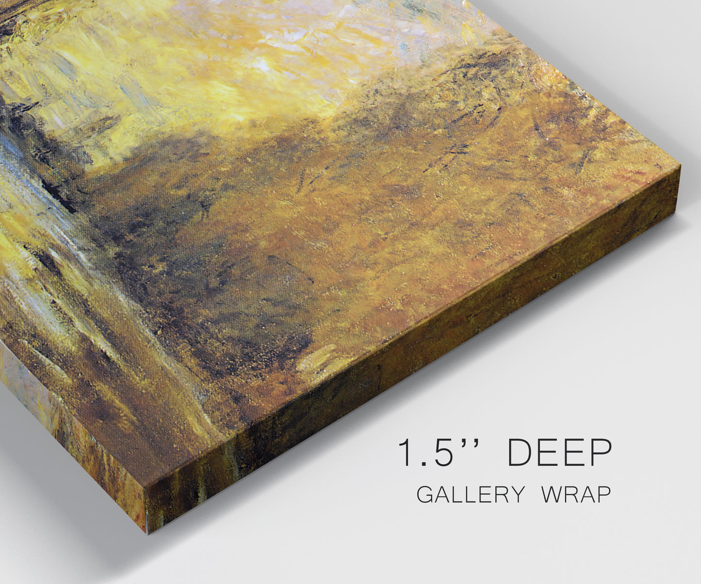 Close-up view of wrapped canvas corner featuring quiet river branch landscape.
