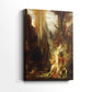 Side view of a canvas art print of a classical-inspired scene with expressive pose and landscape, showing gallery-wrapped depth.