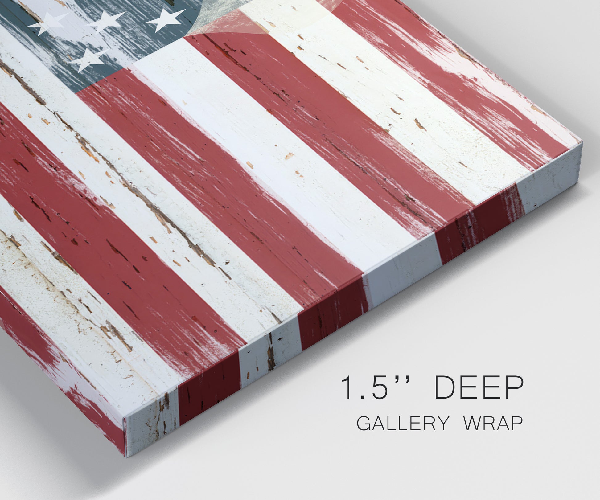 Close-up view of wrapped canvas corner featuring rustic american flag country style.