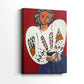 Side view of a canvas art print of a bright portrait with decorative detail and flat color, showing gallery-wrapped depth.