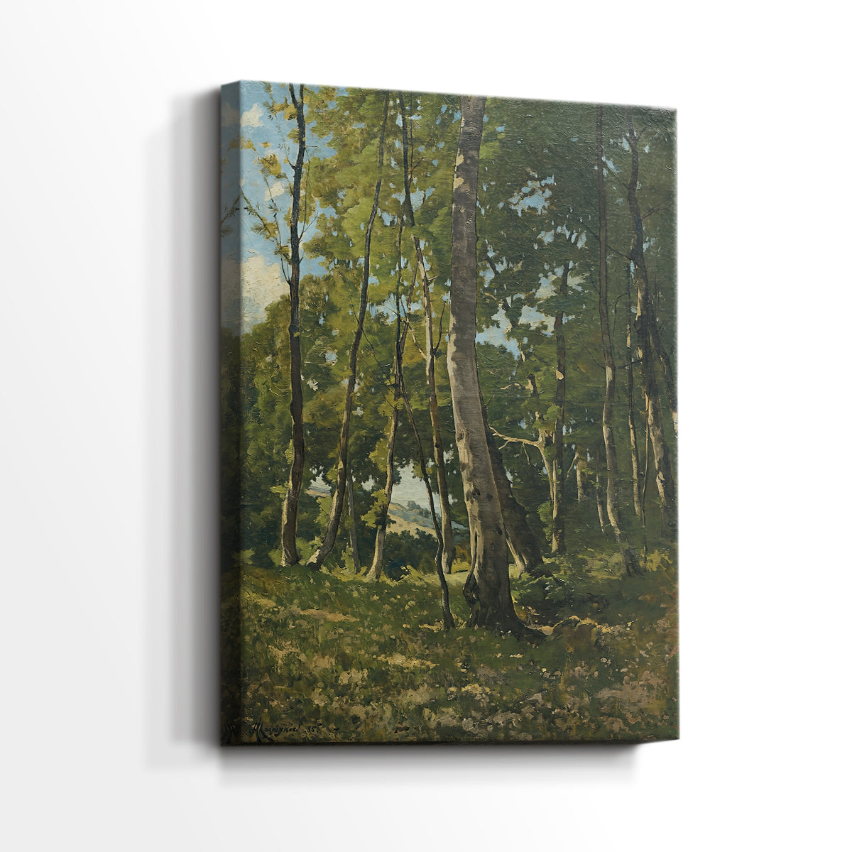 Side view of a canvas art print of a calm forest view with vertical forms and gentle shading, showing gallery-wrapped depth.