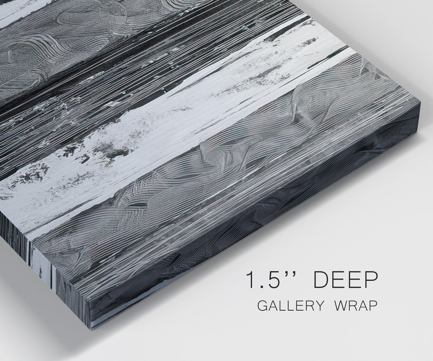 Close-up view of wrapped canvas corner featuring brushed metallic abstract textures.