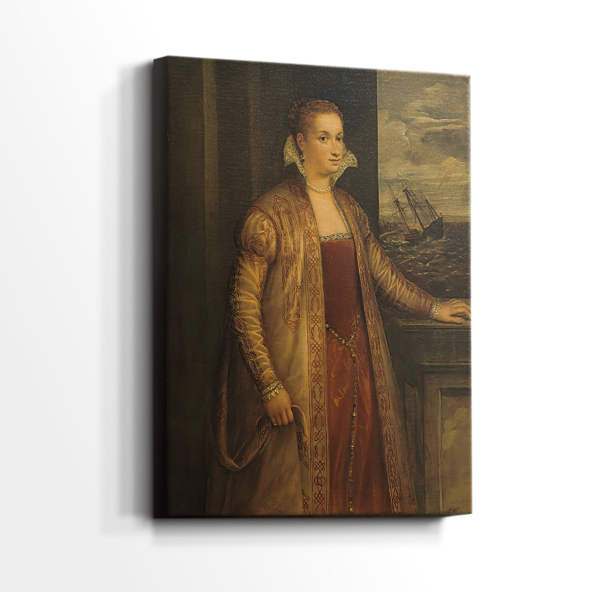 Side view of a canvas art print of a composed portrait with minimal detail and calm presence, showing gallery-wrapped depth.