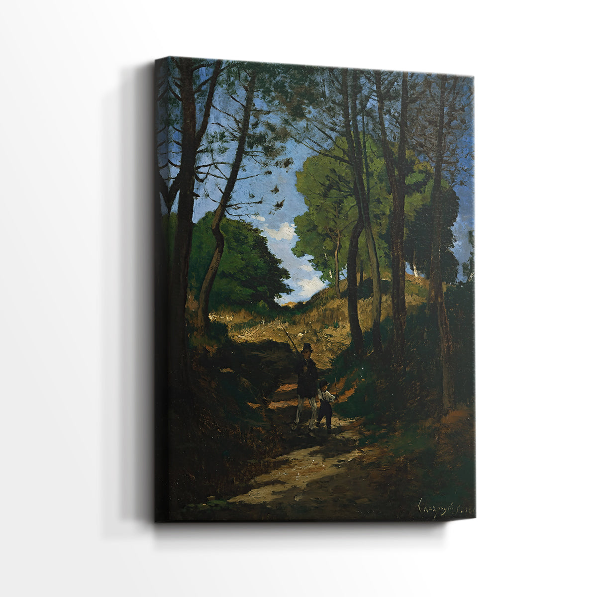 Side view of a canvas art print of a calm forest view with subtle detail and depth, showing gallery-wrapped depth.